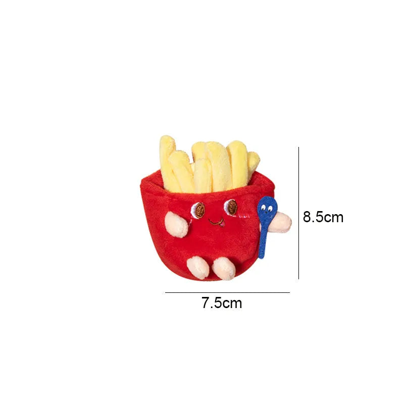 Assorted fast food shaped cat chewing toys including hamburger, chicken leg, bread, fries, and hot dog designs