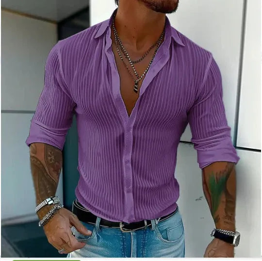 Men's striped cardigan shirt with long sleeves in loose fit British style for summer wear
