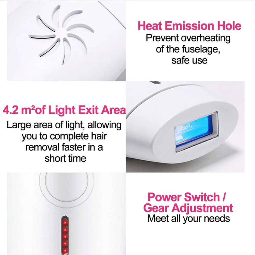 White home laser hair removal device with display screen and attachment head on a white background.