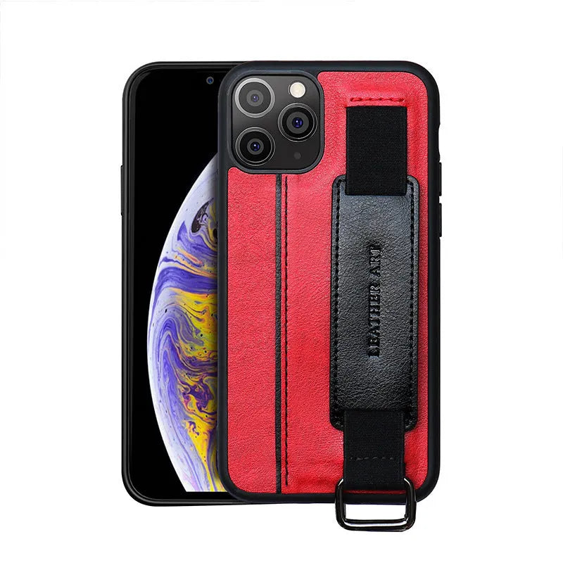 Imitation leather phone case with wristband and adjustable bracket in brown colour for iPhone