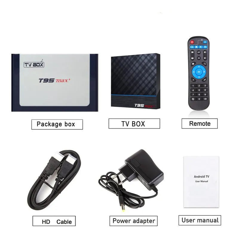 Black T95 Max Plus Android TV Box with remote control, showing choice of US, EU and UK power plugs.