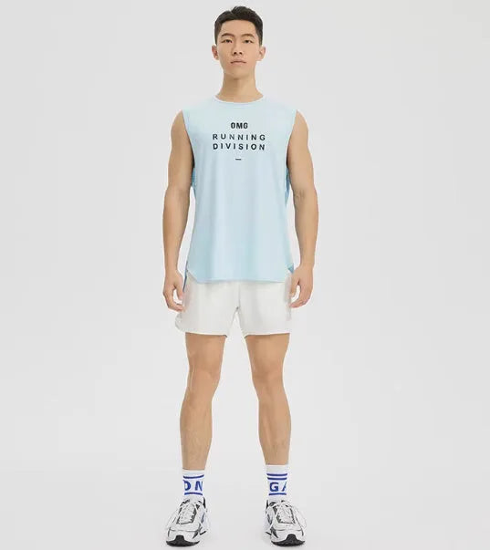 Man's loose-fitting mesh sports vest in blue, shown from the front.