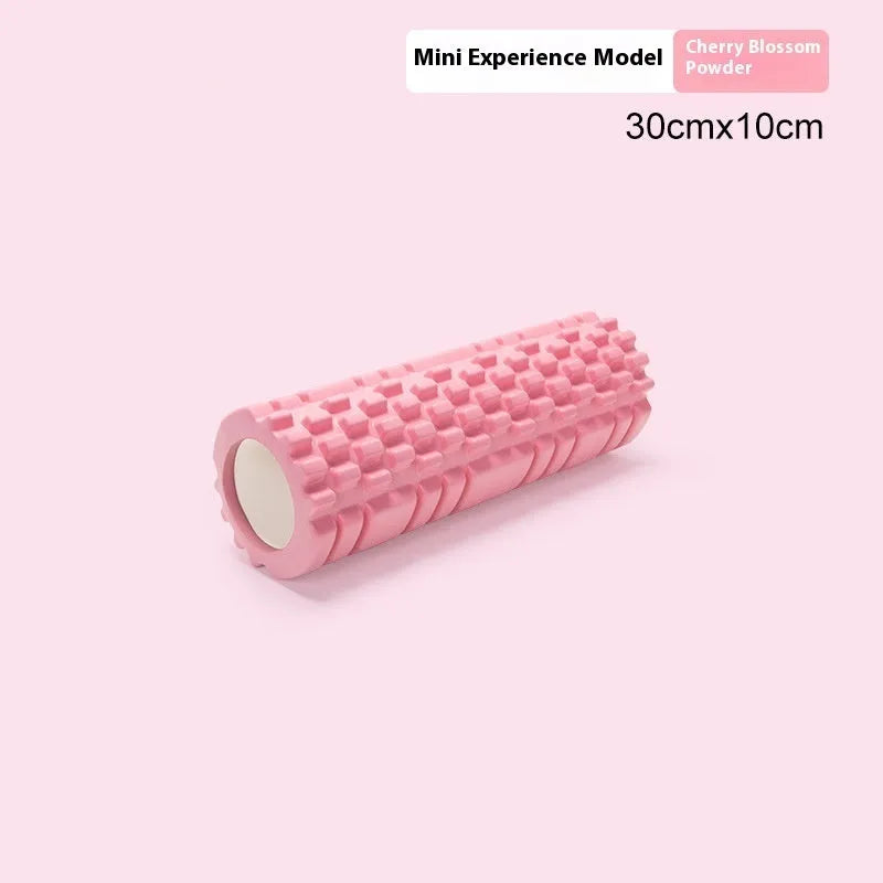 EVA foam roller for fitness in black, grey, pink, sky blue, or light purple, showing size options.