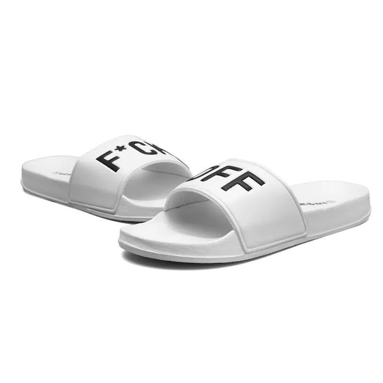 Men's large personalised open toe slippers with rubber soles available in black and white colours