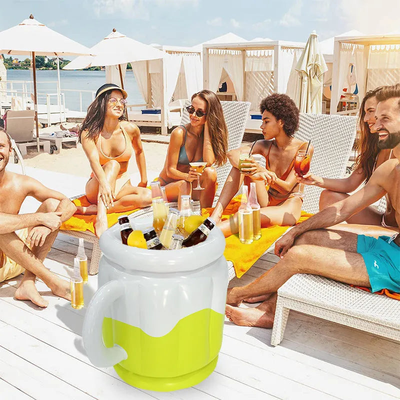 Yellow inflatable PVC ice bucket for beer steins with carry handle