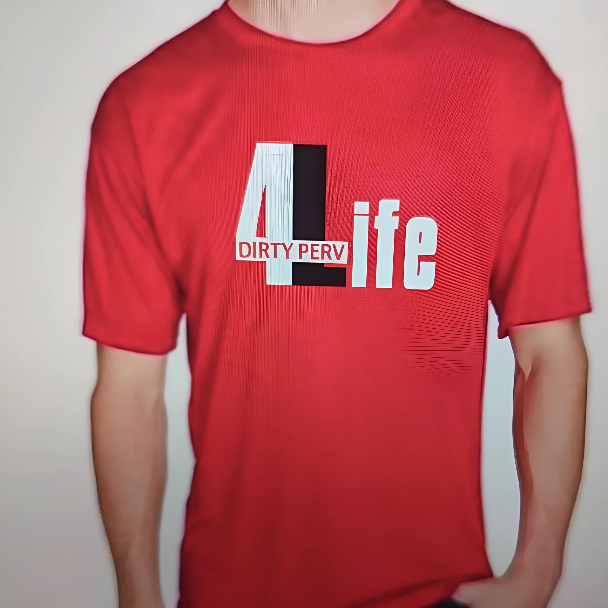 Red men's cotton loose fit t-shirt with round neck and short sleeves on size chart background