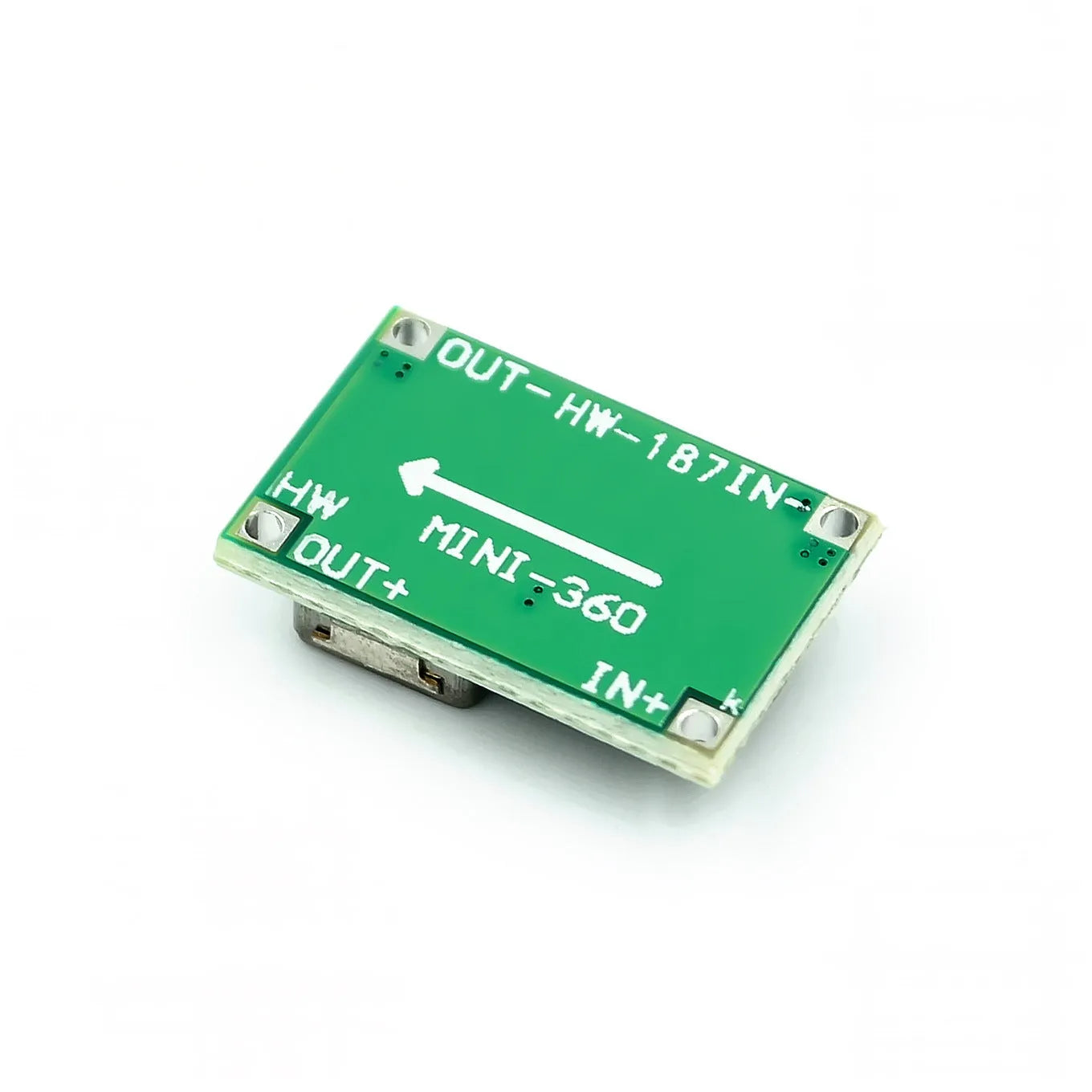 Mini-360 green DC-DC buck converter step down power supply module on white background