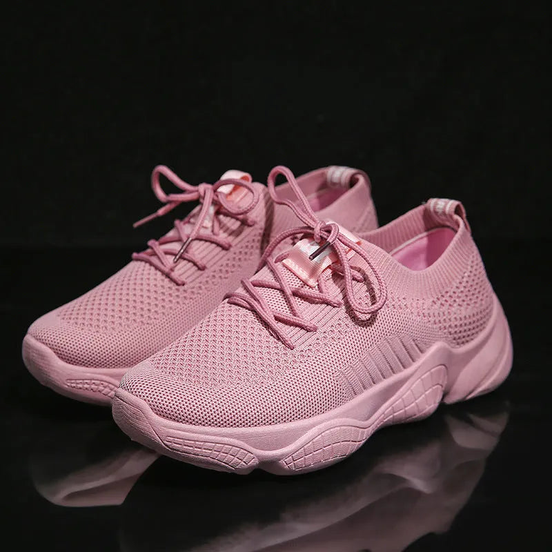 Women's white thick-soled woven sports shoes with a front strap and round toe