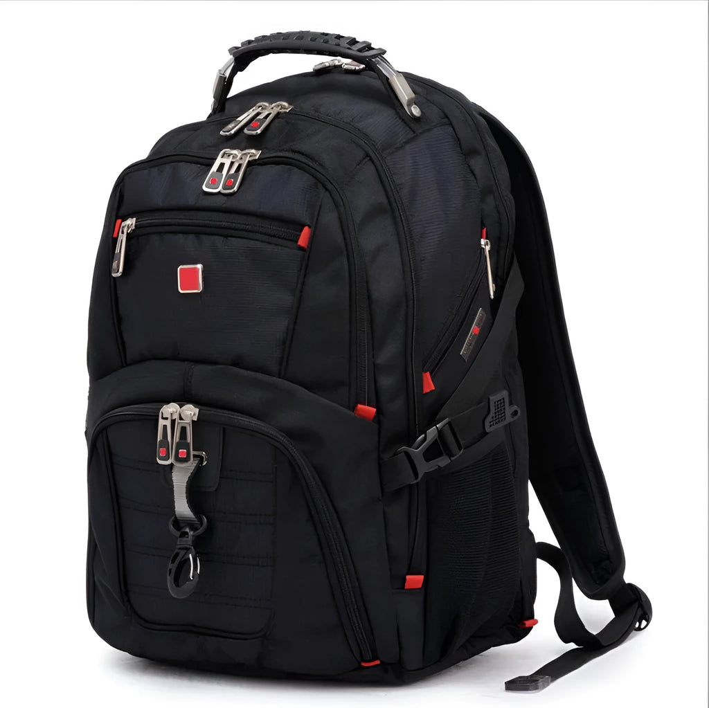 Black business laptop backpack showing three compartments, suitable for a 15 inch notebook.