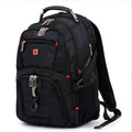 Black business laptop backpack showing three compartments, suitable for a 15 inch notebook.