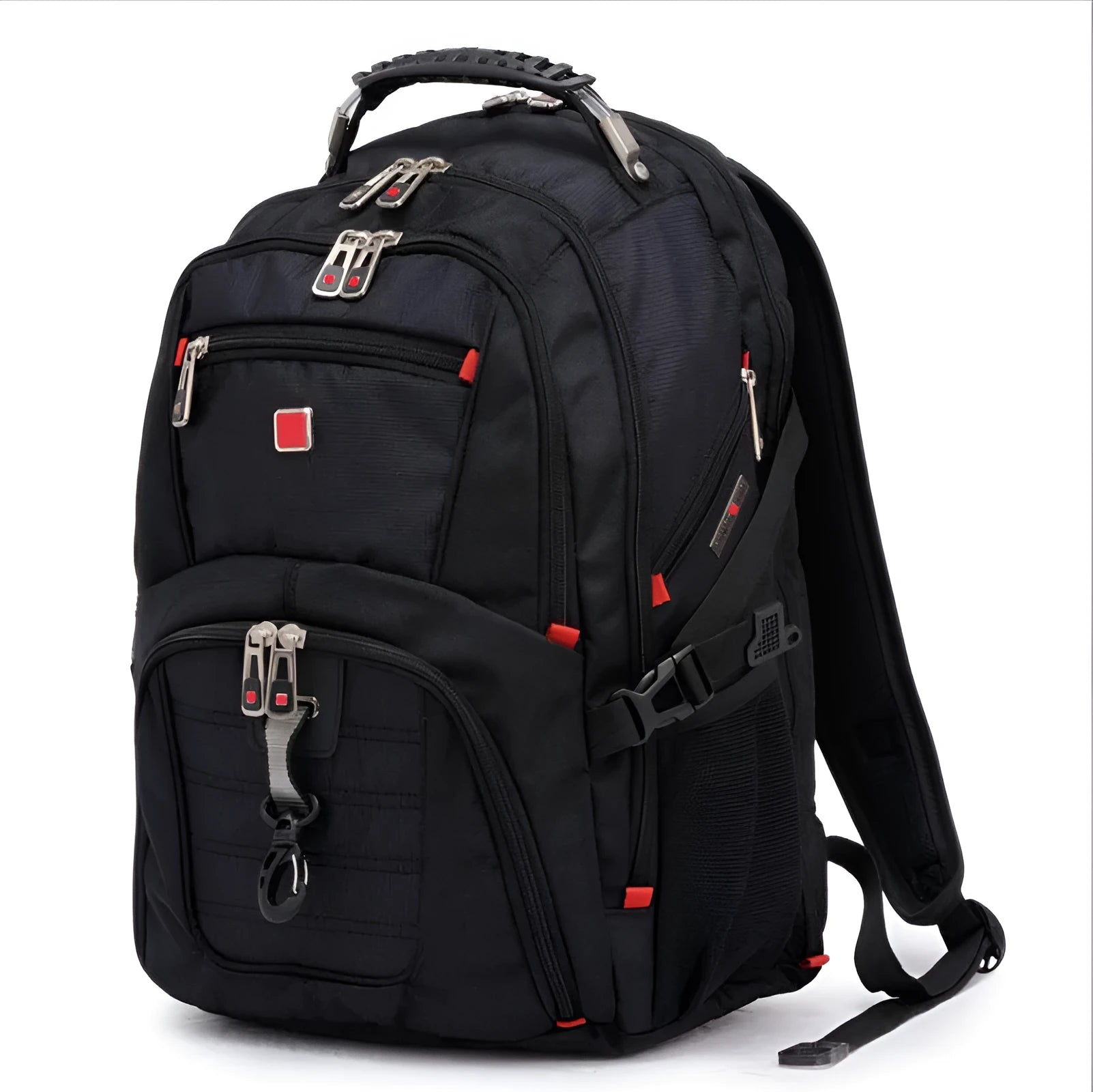 Black business laptop backpack showing three compartments, suitable for a 15 inch notebook.
