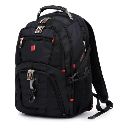 Black business laptop backpack showing three compartments, suitable for a 15 inch notebook.