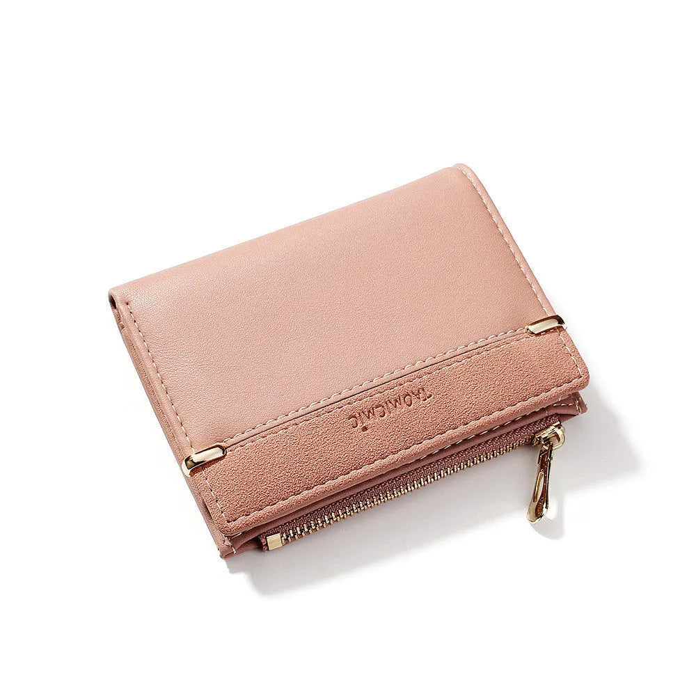 Ladies short zipper wallet in PU leather, open to show multiple card slots, bill holder, change slot, and hidden compartment.