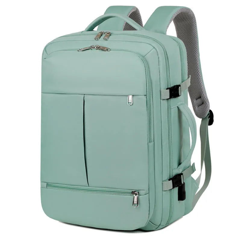 Large waterproof oxford cloth backpack with multiple pockets open to show 15.6-inch laptop compartment
