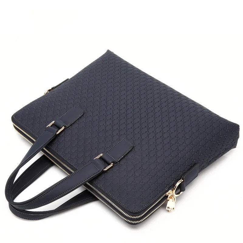 Genuine leather men's business handbag 14 inch computer bag in black with embossed geometric pattern