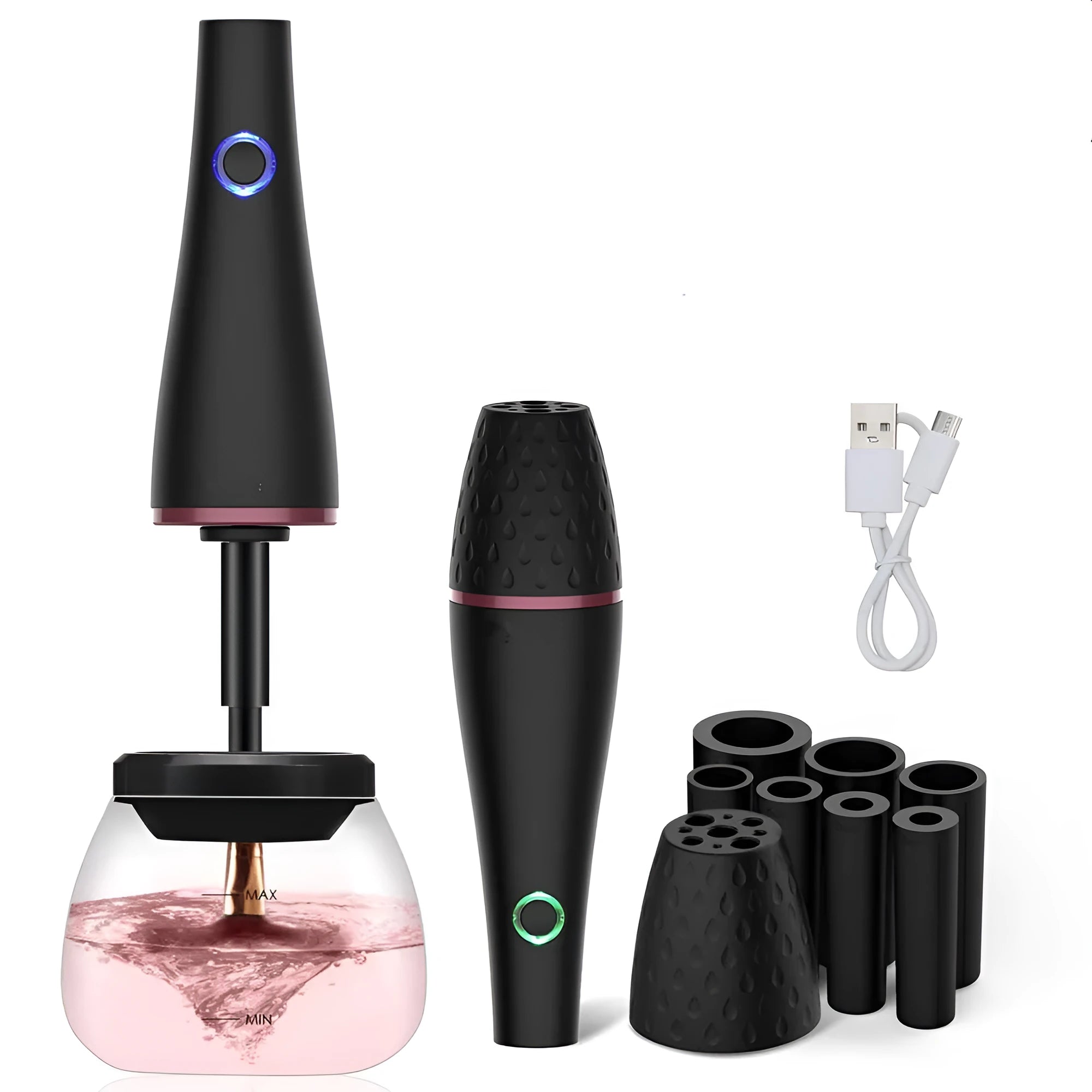 Electric makeup brush cleaner black with charging power source and ABS body on table