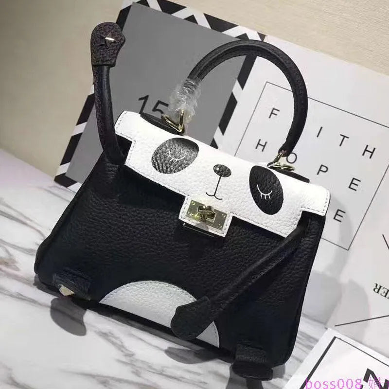 Panda pattern cowhide leather handbag in horizontal square shape, two size options