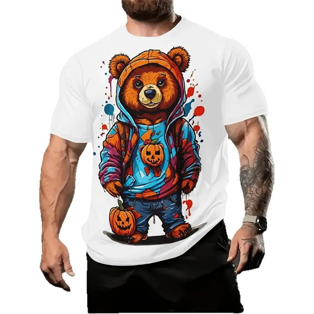 Men's loose-fit short sleeve shirt with a colourful 3D cartoon print on milk silk linen fabric.
