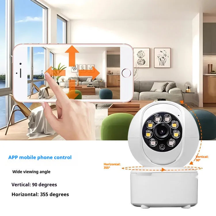 Ceiling-mounted indoor security camera with dual lights, shown in a white ABS plastic housing.