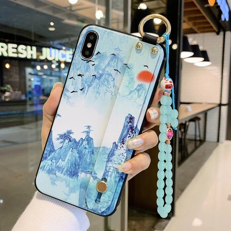 Rose flower patterned iPhone case with wrist strap attachment for iPhone models