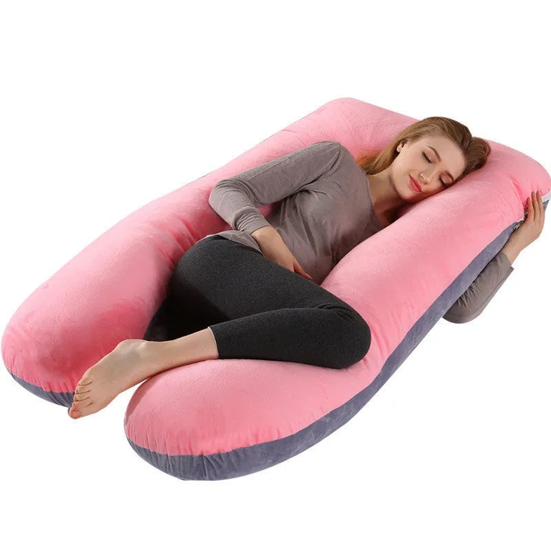 Large U-shaped pregnancy support pillow with removable cover in choice of fabrics.