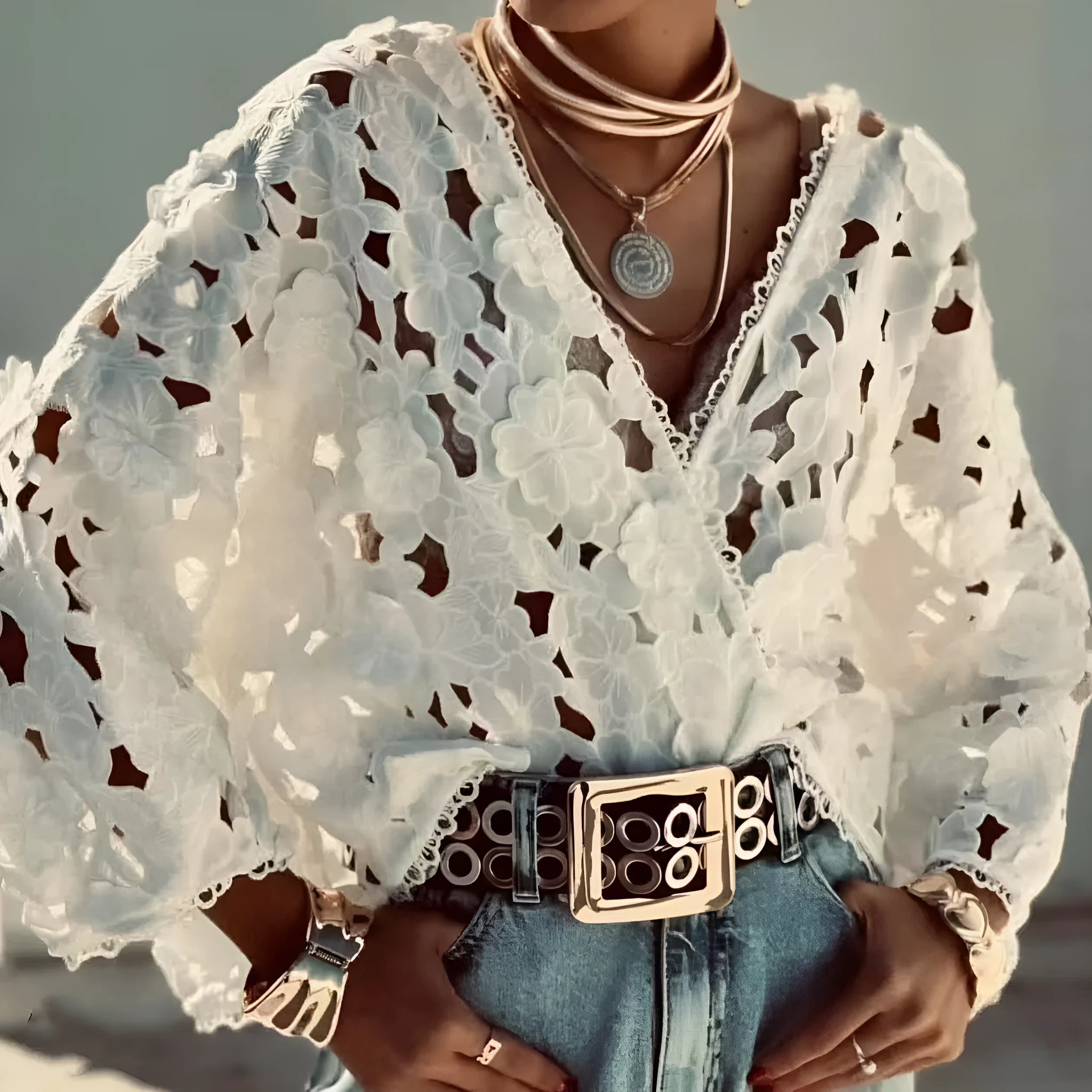 Women's white lace V-neck cardigan with three-dimensional floral decoration and long sleeves