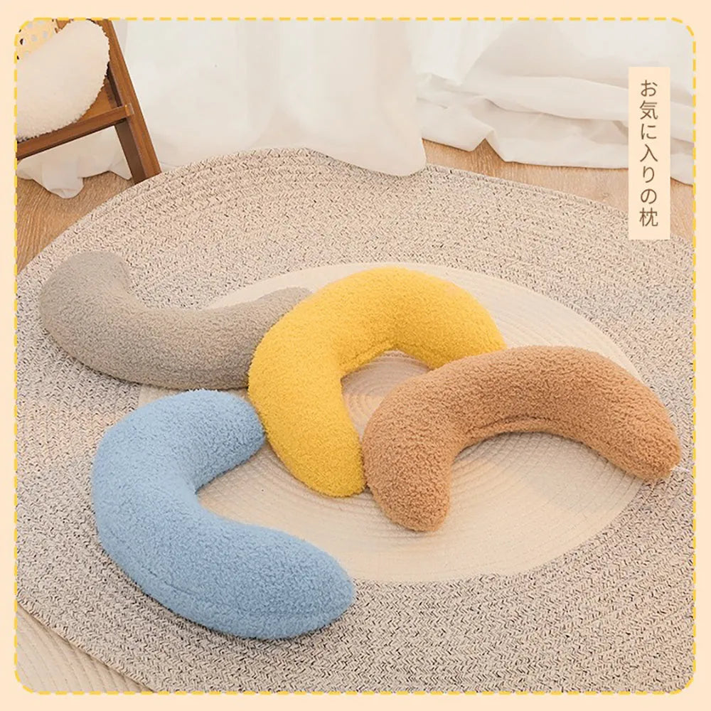 U-shaped blue cat pillow with adjustable fabric collar for pet neck support