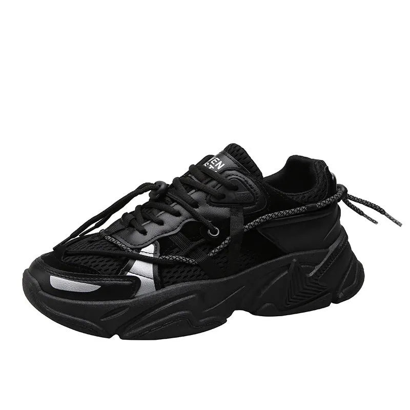 Men's white platform dad sneakers with lace-up front and chunky sole for height increase.