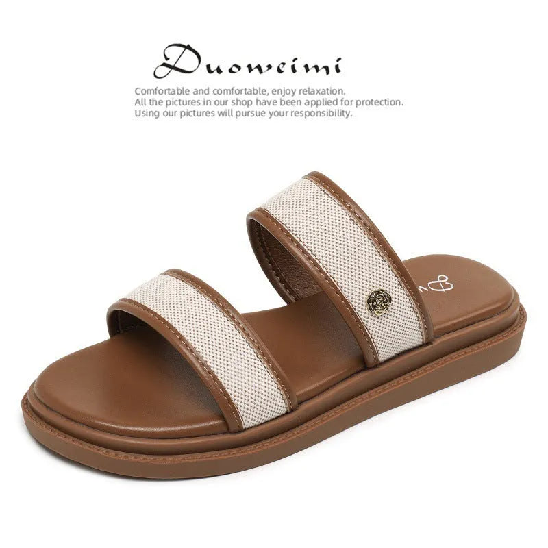 Brown and black vintage women's soft bottom flip-flops with artificial PU upper
