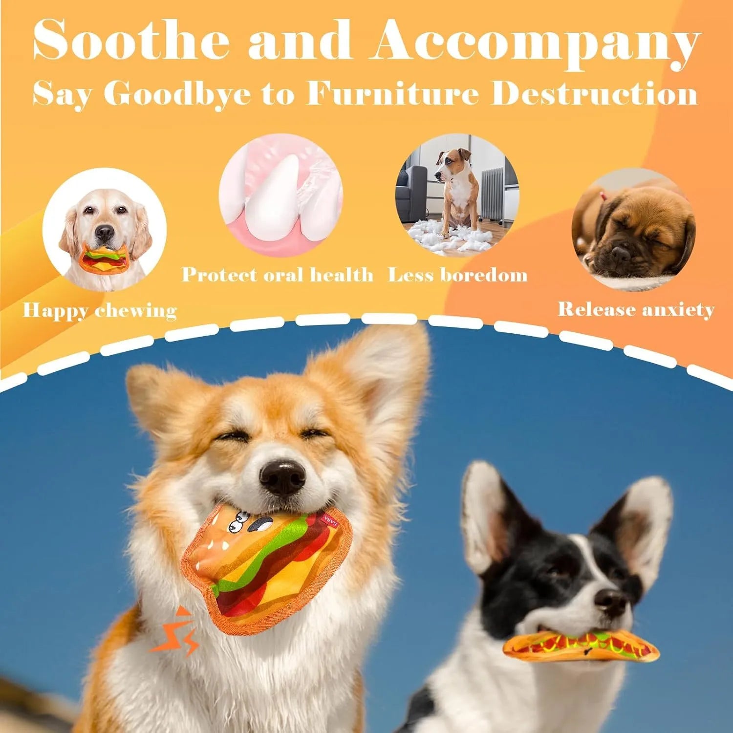 Crinkle and squeaky dog toys in hamburger, fries, hot dog and pizza designs without stuffing