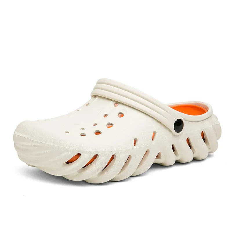 Men's beige ventilated EVA slipper sandals with round toe and non-slip sole pattern