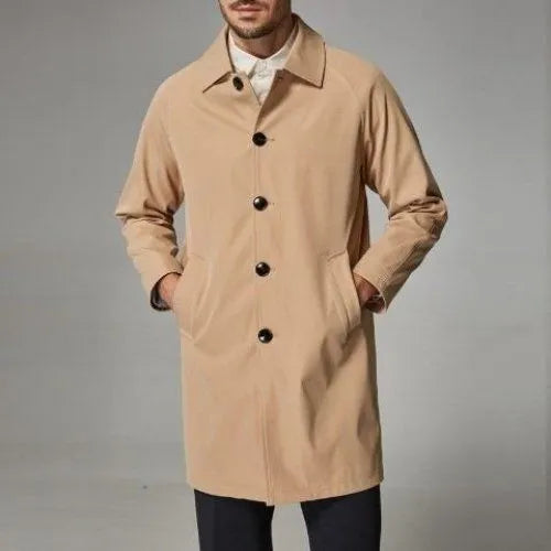 Men's mid-length loose trench coat in thin rabbit fur fabric showing casual styling