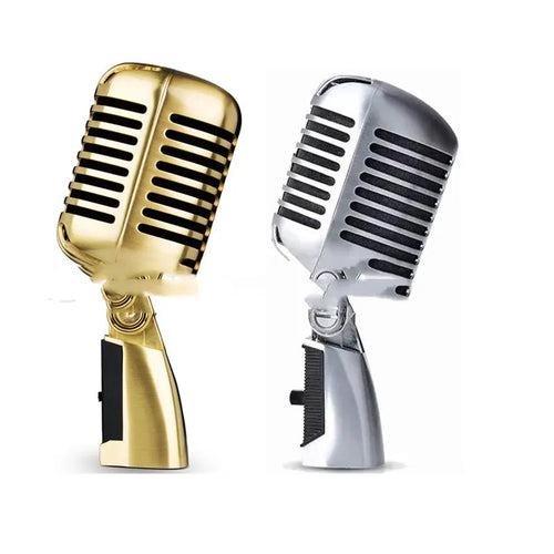 Classical retro dynamic microphone in gold finish with all-metal construction and heart-shaped polar pattern for stage performance