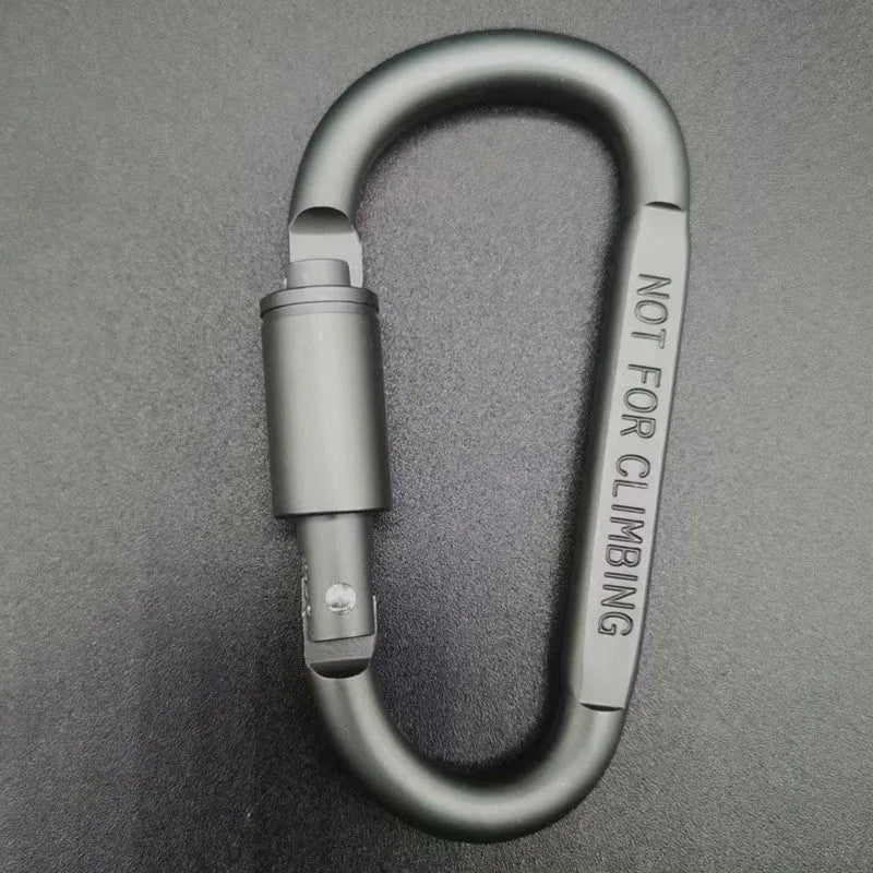 A D-type aluminium locking carabiner with an 8cm flat profile on a neutral background.