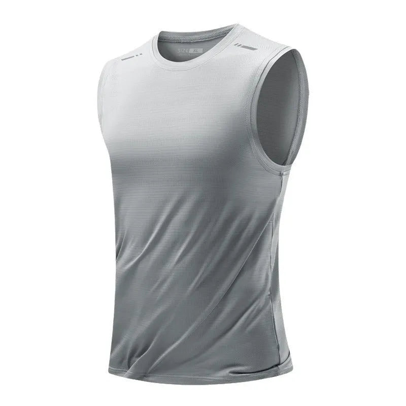 Men's loose fit sleeveless waistcoat vest in bamboo blend fabric on a hanger.