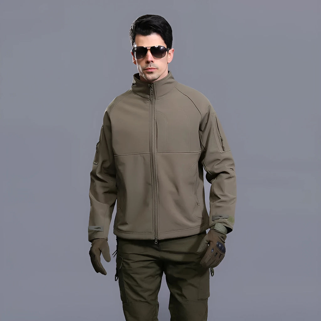 Men's thin commander stand collar polyester outdoor jacket in khaki colour with loose fit