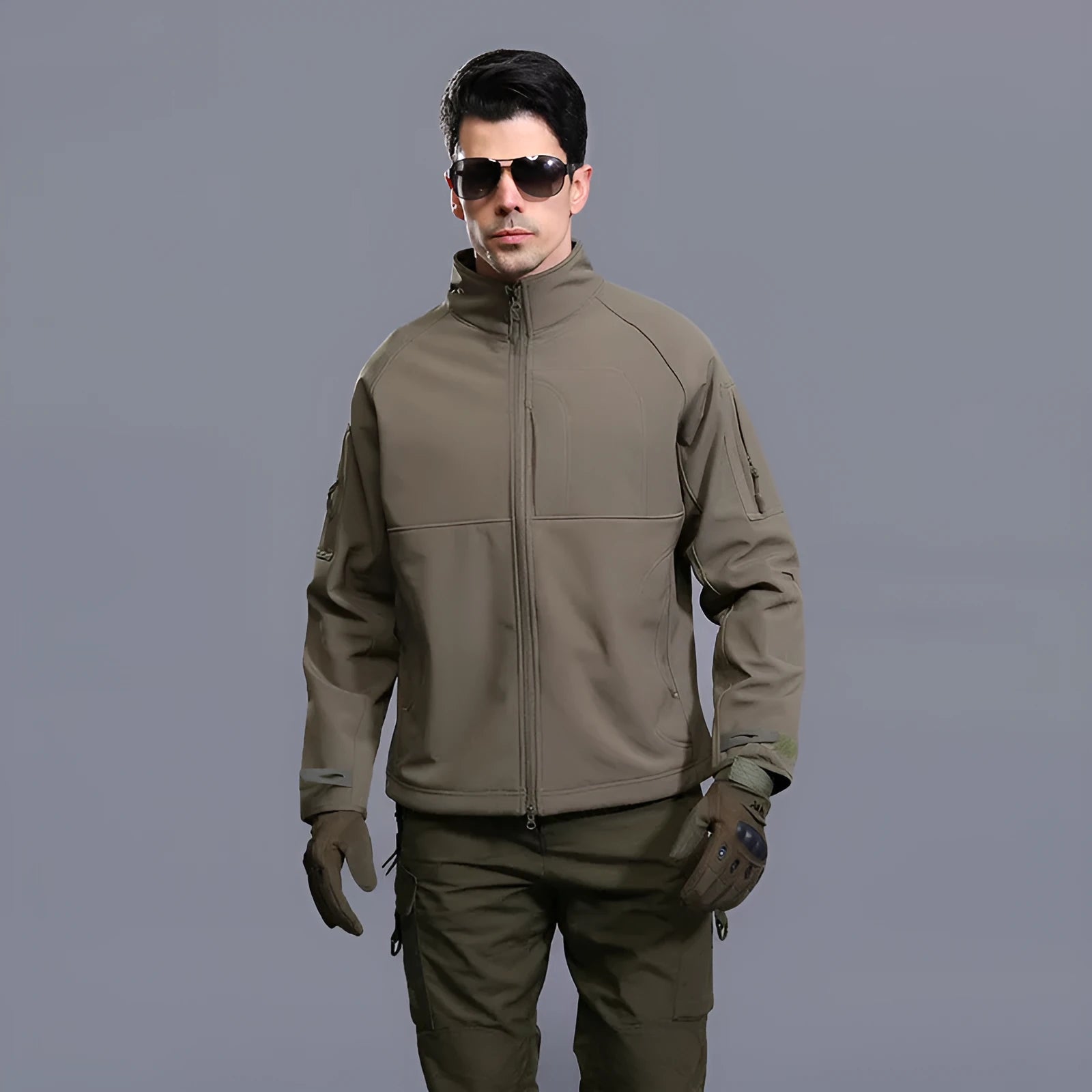 Men's thin commander stand collar polyester outdoor jacket in khaki colour with loose fit