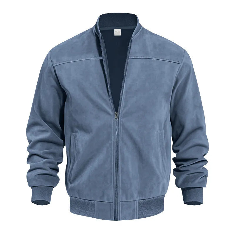Men's plus size suede zipper jacket in army green with cotton lining, shown in regular fit.