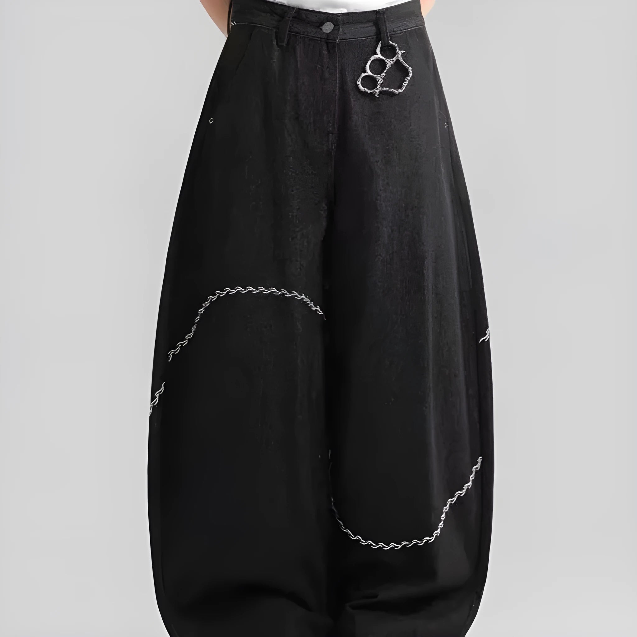Black straight leg trousers with micro-elastic denim fabric and zip fly opening