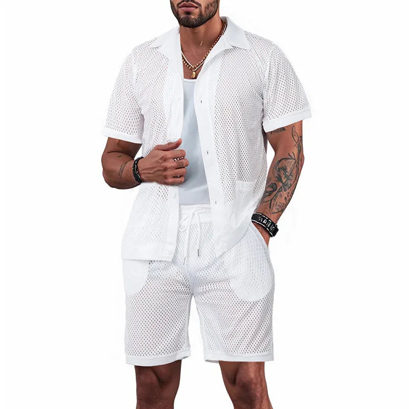 Lake blue see-through beach dress with matching cardigan and shorts set on a model.