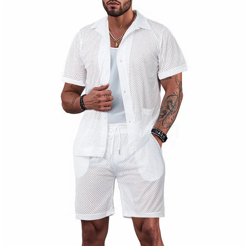 Lake blue see-through beach dress with matching cardigan and shorts set on a model.