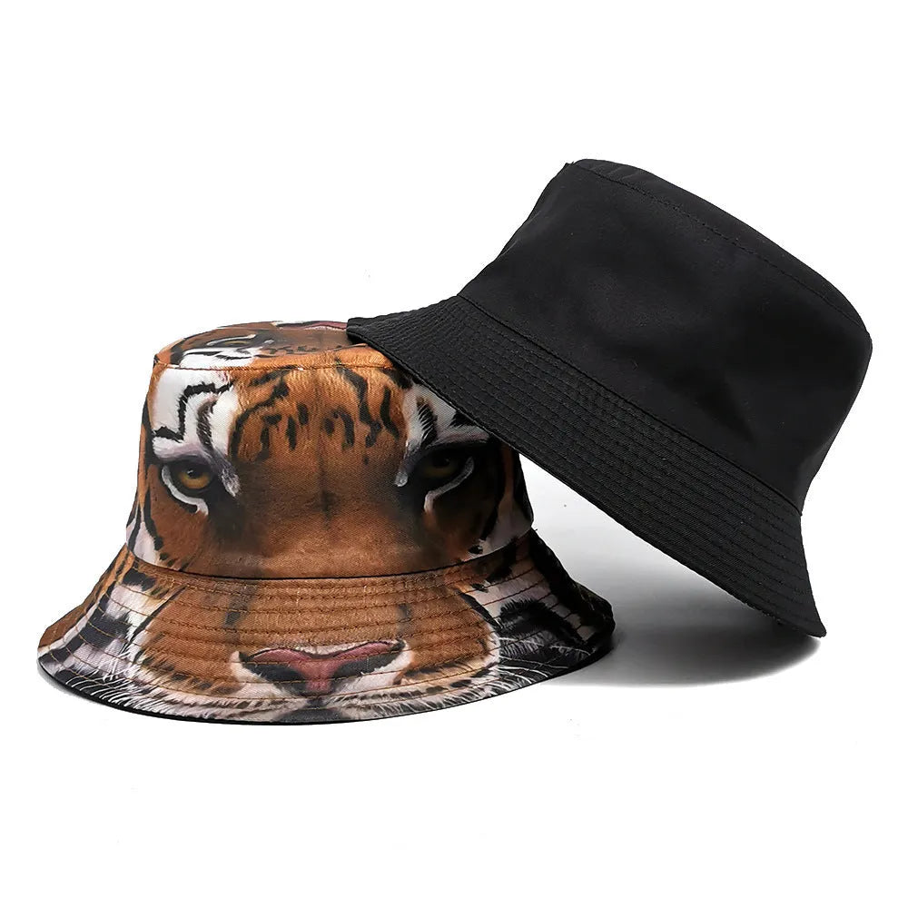 Tiger print polyester bucket hat with dome crown shape for outdoor sun protection