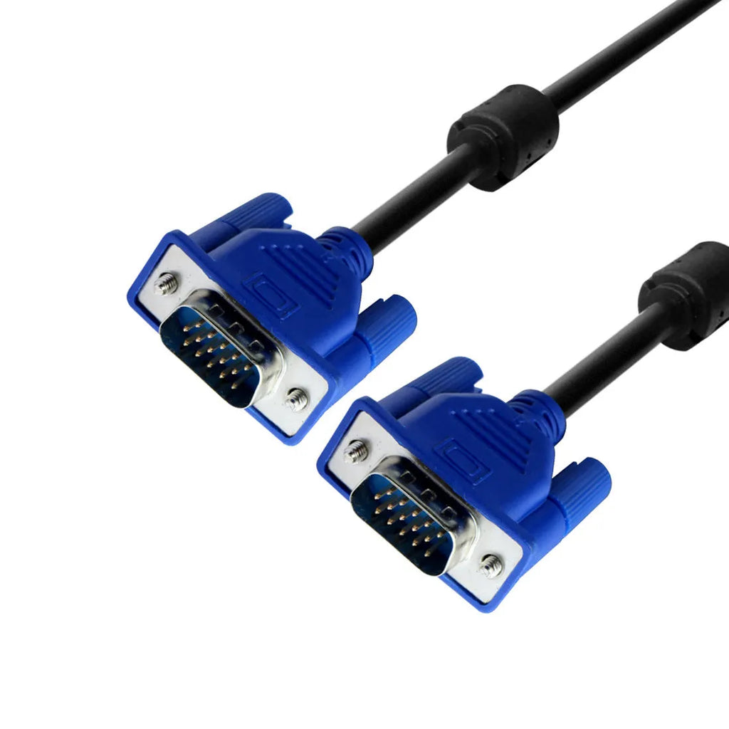 Black VGA cable with blue mould connector measuring 1.5 metres for computer to monitor connection