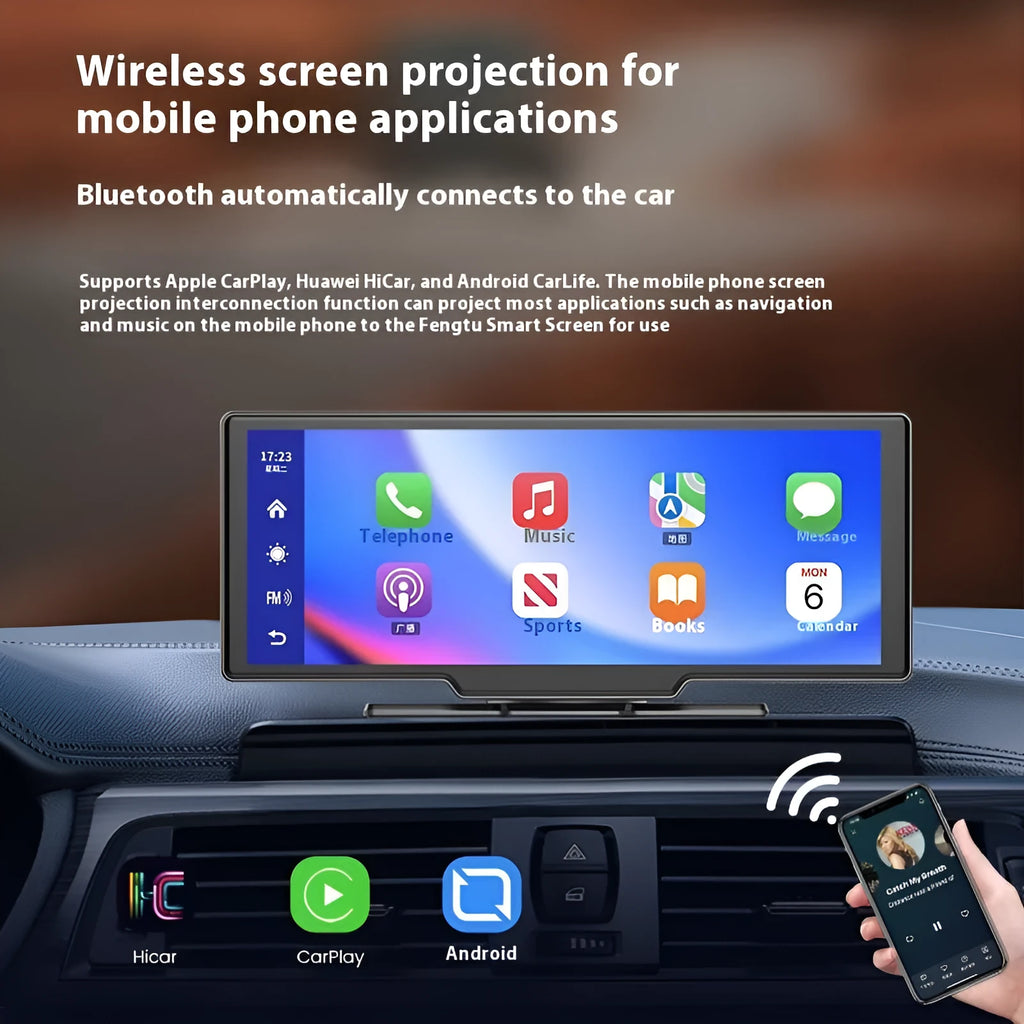 10 inch car touchscreen smart display with CarPlay and front and rear camera recording functions