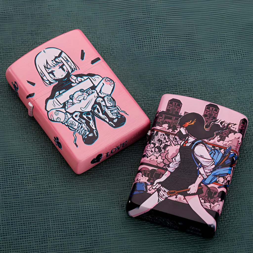 Windproof kerosene lighter with decorative copper case showing artistic design