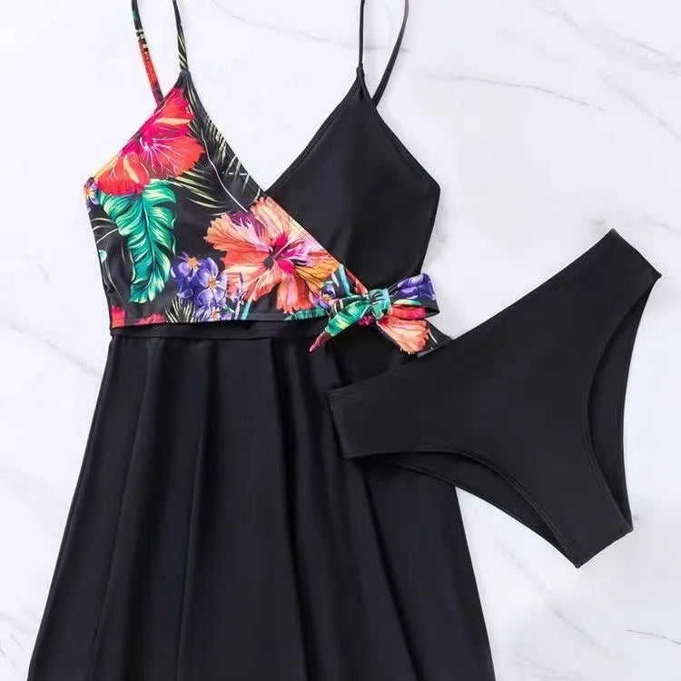 Black women's high waist briefs with a printed split bikini design for swimming and sports.