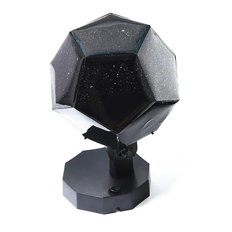 LED star projector night light showing constellation projection on a bedroom ceiling with remote control.