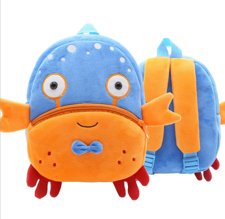 Plush children's backpack with animal design showing soft texture and zipper opening