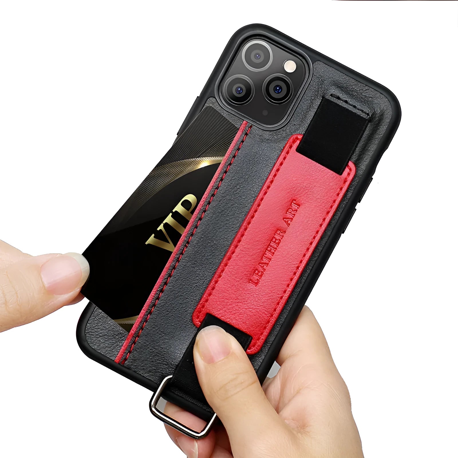 Imitation leather phone case with wristband and adjustable bracket in brown colour for iPhone