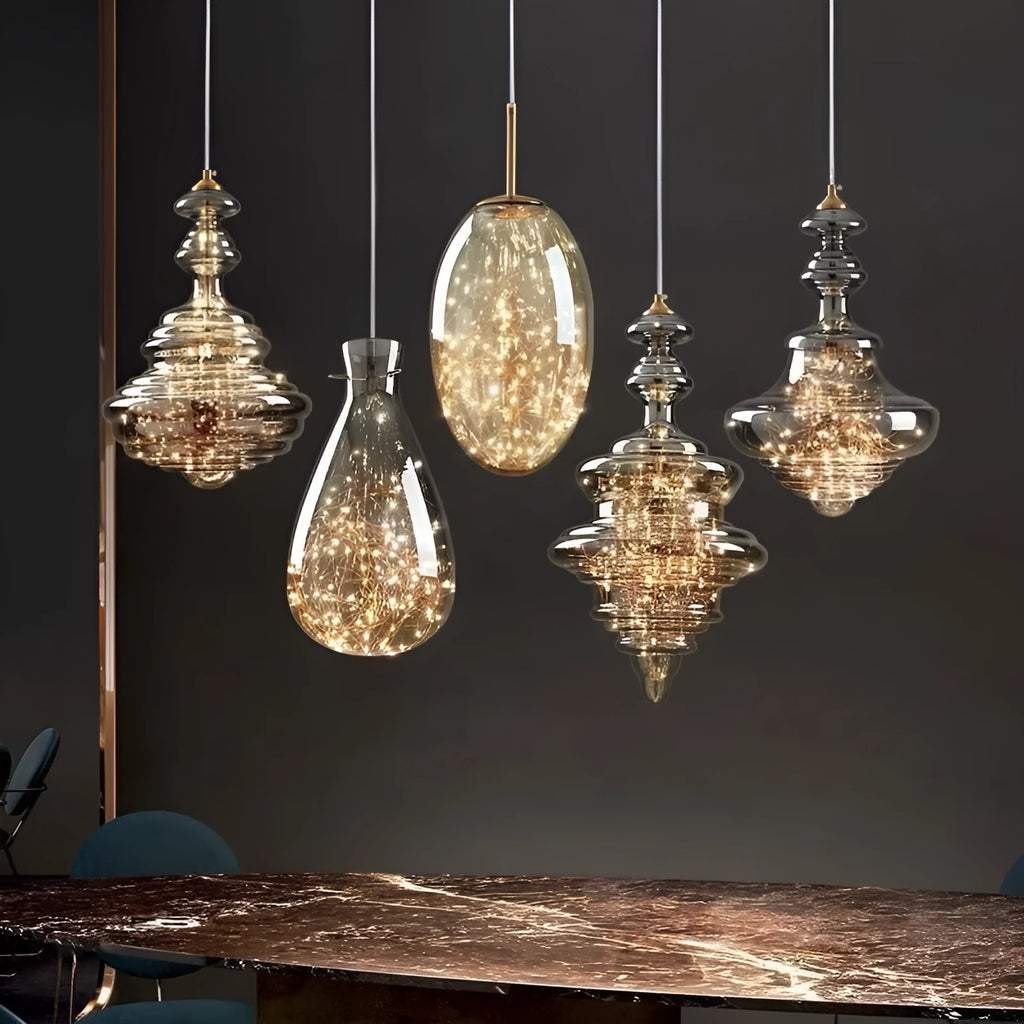 Modern glass droplight chandelier with adjustable height mechanism showing glass construction
